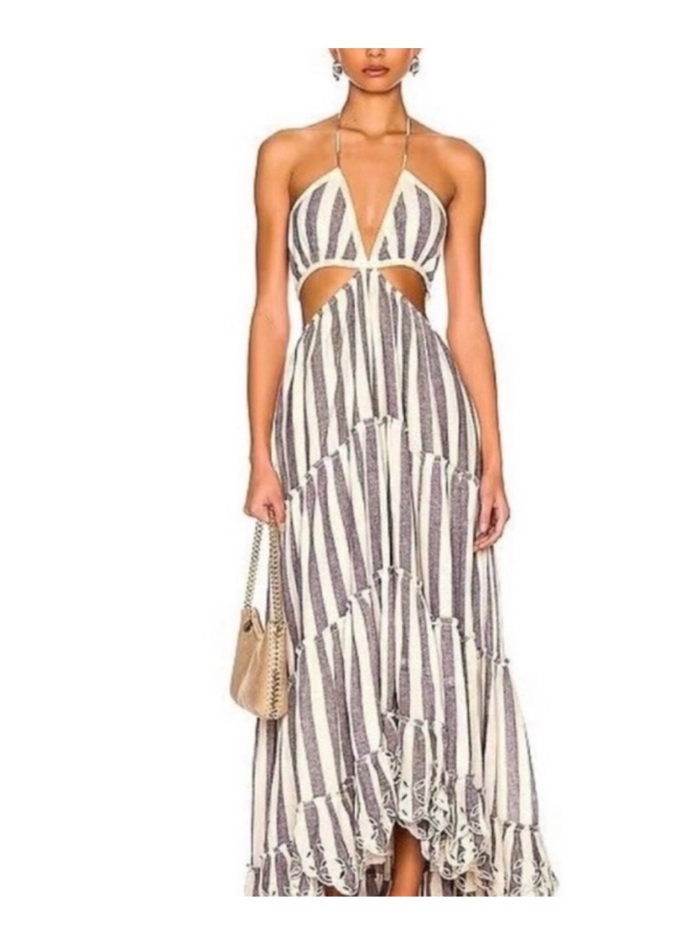 Rococo Sand Kylie Maxi Dress XS Striped Halter Cutout Maxi Dress - Cream & Gray